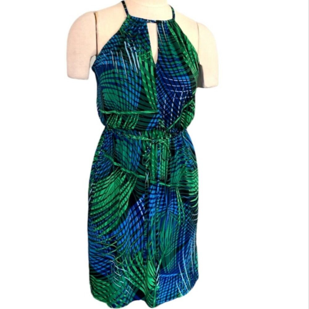 Maggy L Sz 4P/Petite Halter Dress Tropical Palm Print Blue & Green‎ #336E